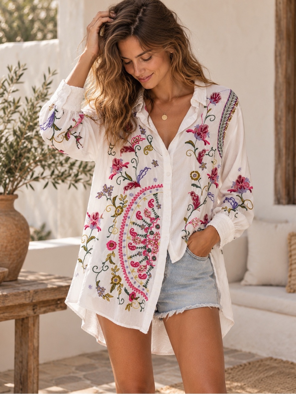 Philosophy Embroidered Boho Floral Tunic Shirt XL 100% Rayon